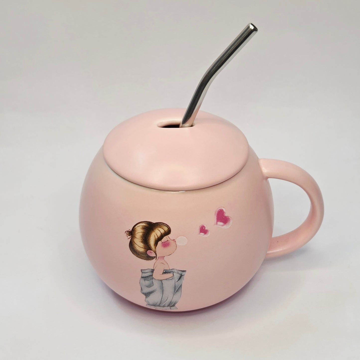 Premium Pink Ceramic Mug with Lid & Straw – Cute Girl Heart Design | Luxury Aesthetic Coffee Cup for Women & Gifting