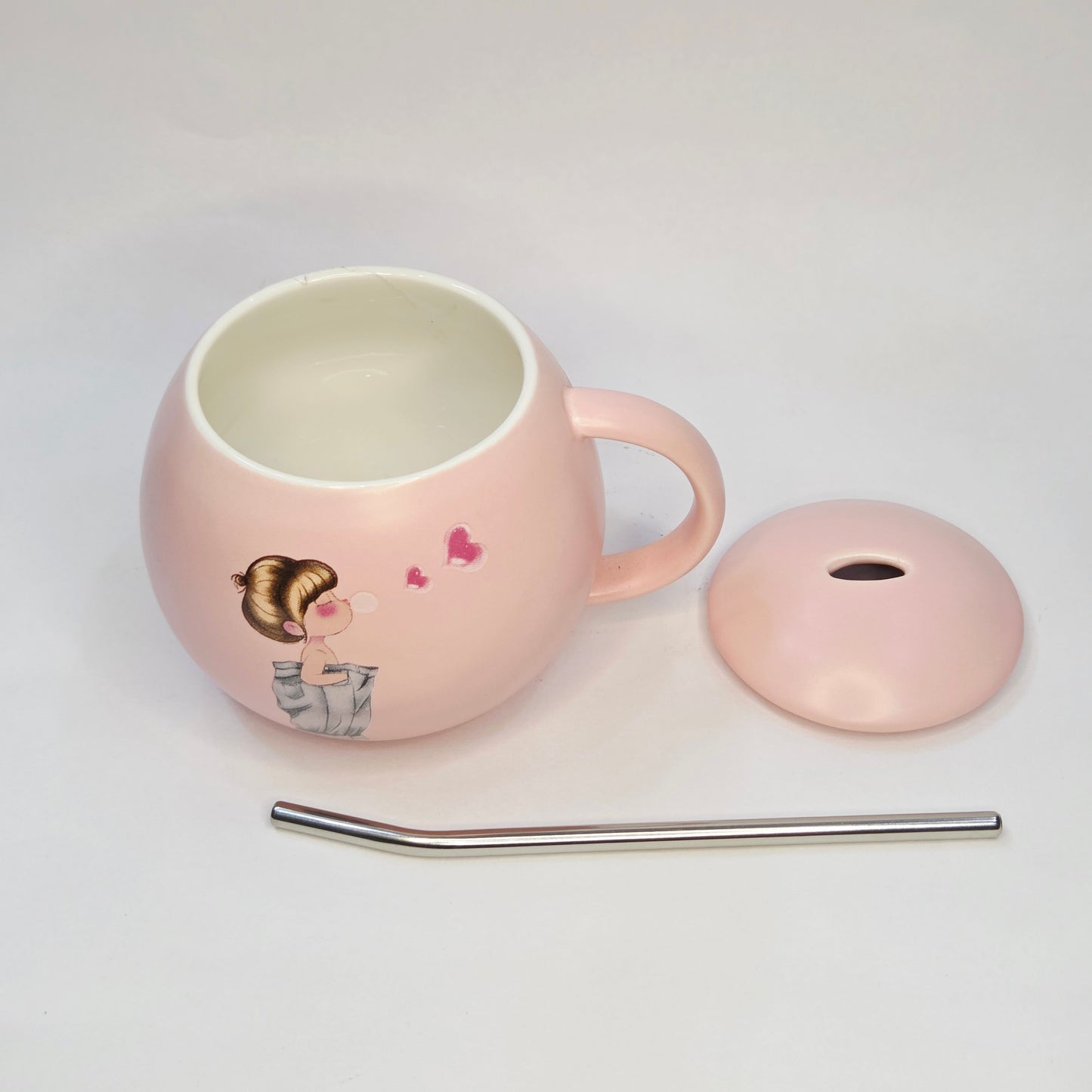 Premium Pink Ceramic Mug with Lid & Straw – Cute Girl Heart Design | Luxury Aesthetic Coffee Cup for Women & Gifting
