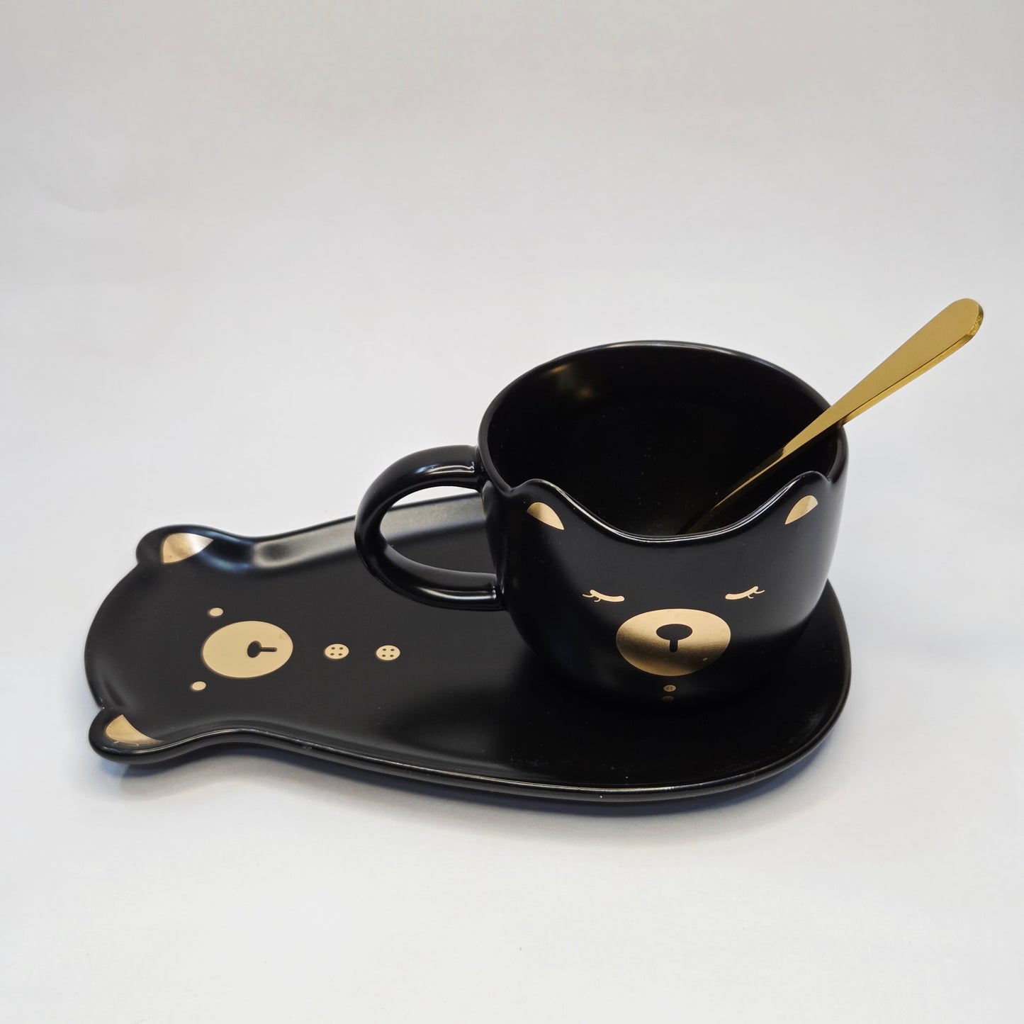 Ceramic Mug with Saucer and Spoon - Teddy, Black