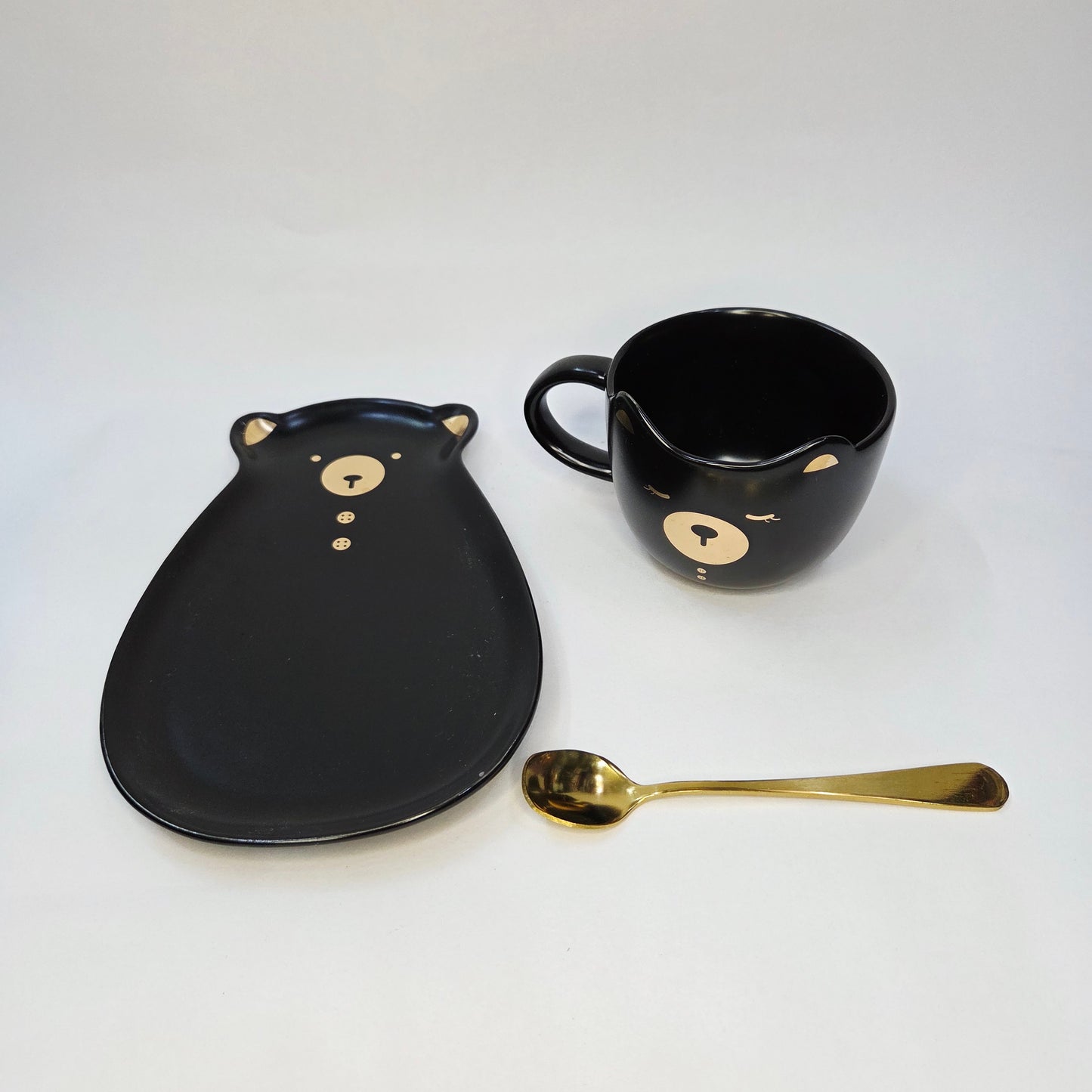 Ceramic Mug with Saucer and Spoon - Teddy, Black