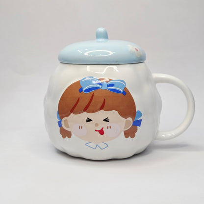 Luxury Ceramic Mug with Lid – Cute Blue Bow Girl Design | Premium Aesthetic Coffee Cup for Women & Gifting