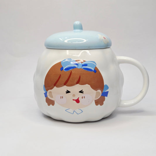 Luxury Ceramic Mug with Lid – Cute Blue Bow Girl Design | Premium Aesthetic Coffee Cup for Women & Gifting
