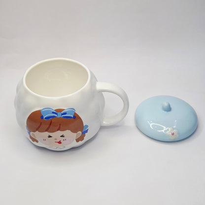 Luxury Ceramic Mug with Lid – Cute Blue Bow Girl Design | Premium Aesthetic Coffee Cup for Women & Gifting