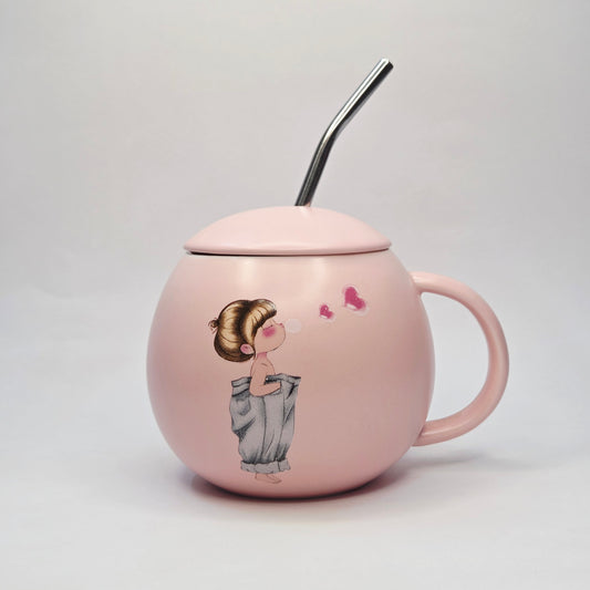 Premium Pink Ceramic Mug with Lid & Straw – Cute Girl Heart Design | Luxury Aesthetic Coffee Cup for Women & Gifting
