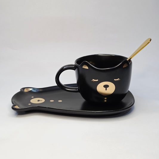 Ceramic Mug with Saucer and Spoon - Teddy, Black