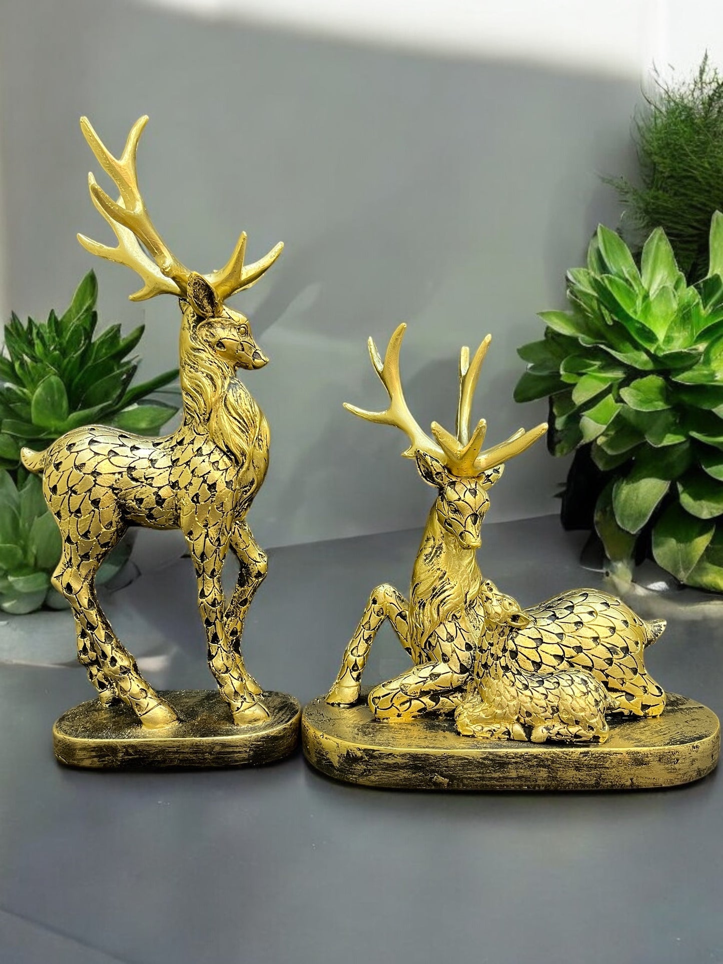 Golden Deer Family Set Of 2 - Showpiece For Home Decor Gifting