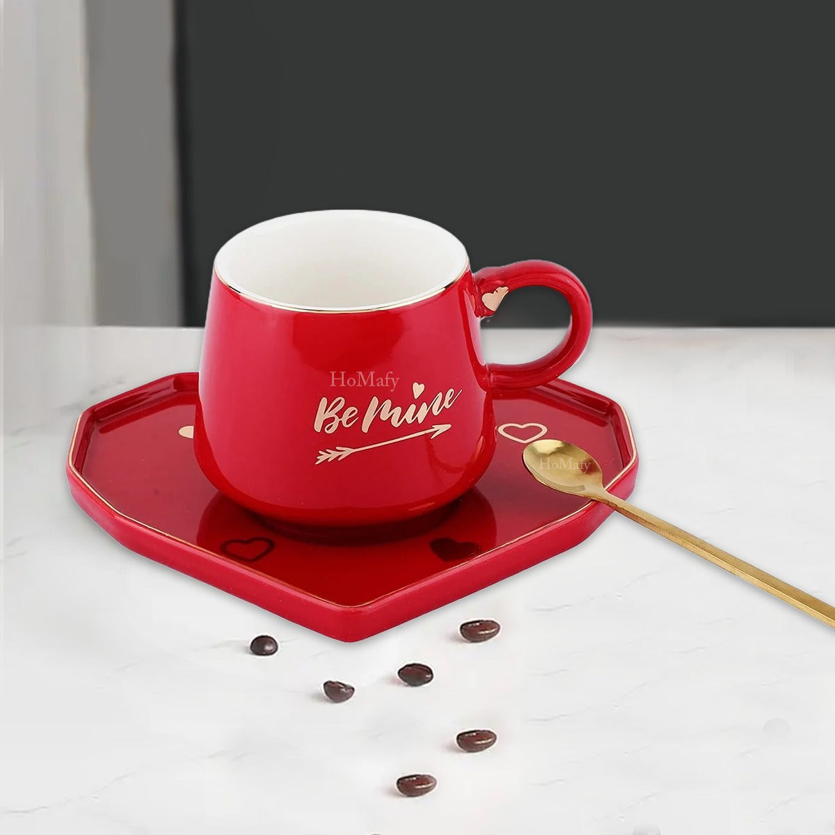 Ceramic Mug With Heart Shaped Saucer & Spoon