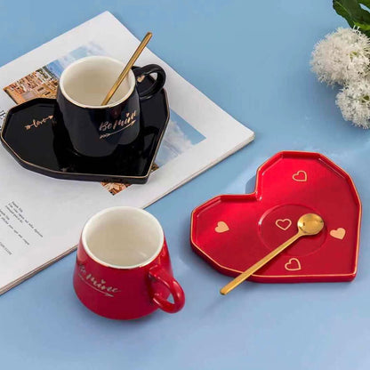 Ceramic Mug With Heart Shaped Saucer & Spoon