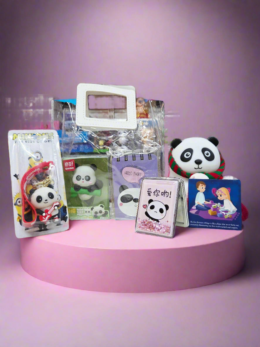 Collection of stationery items with panda designs on a shelf.