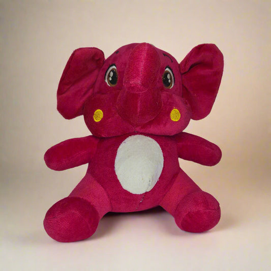 Red plush toy with white belly on a light gray background